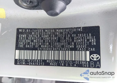 2017 Toyota Corolla Le z USA, uszkodzony, nr VIN 5YFBURHE8HP638855